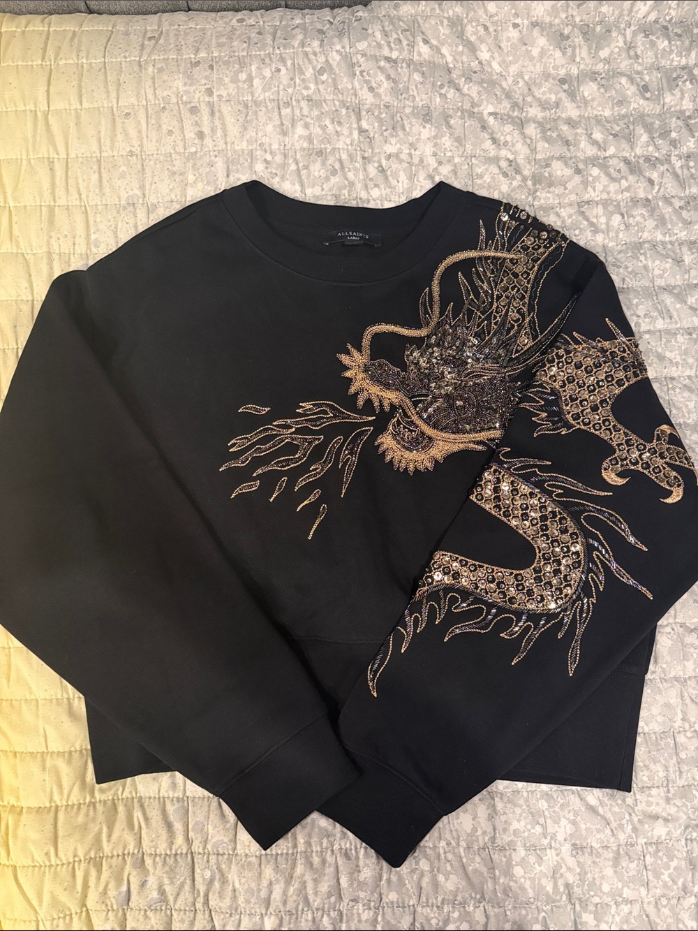 All Saints Black Crewneck Sweater with Gold Embellished Dragon